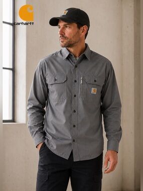 Carhartt Rugged Flex Work Shirt Gray Ripstop Button Front Men’s Small